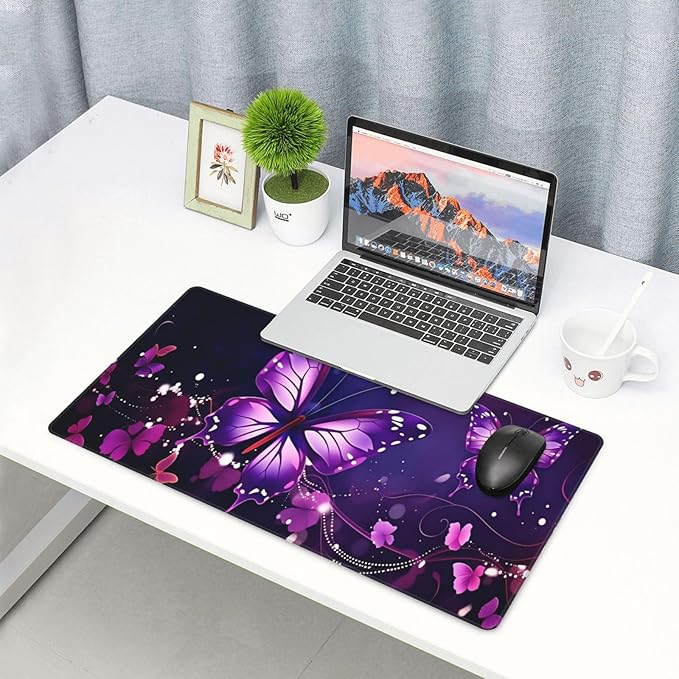 Purple Butterfly Desk Cover MatExtended Large Mouse PadComputer Laptop Mat Desk Decor for Office Game Home 30x16 Inch