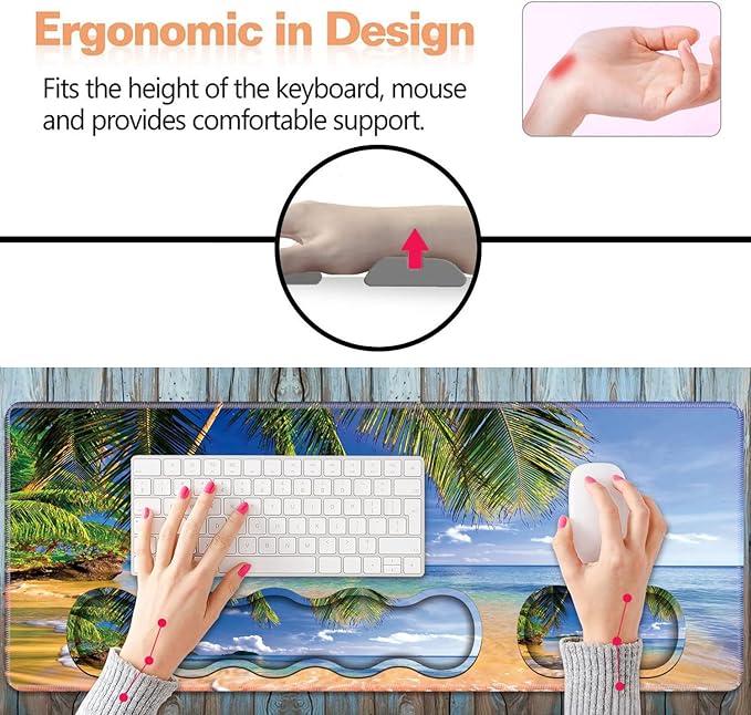 Ergonomic Keyboard Wrist Rest &amp Mouse Pad Wrist Rest Set Large XXL Gaming Desk Mat 31.5x 11.8 Non-Slip Base Memory Foam Easy Typing Pain Relief for Office &amp Home Shore Palms Tropical Be