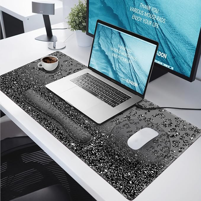 iLeadon 4in1 Ergonomic Desk Mat Set with Wrist Rest Keyboard Pad and Coaster Black Leopard
