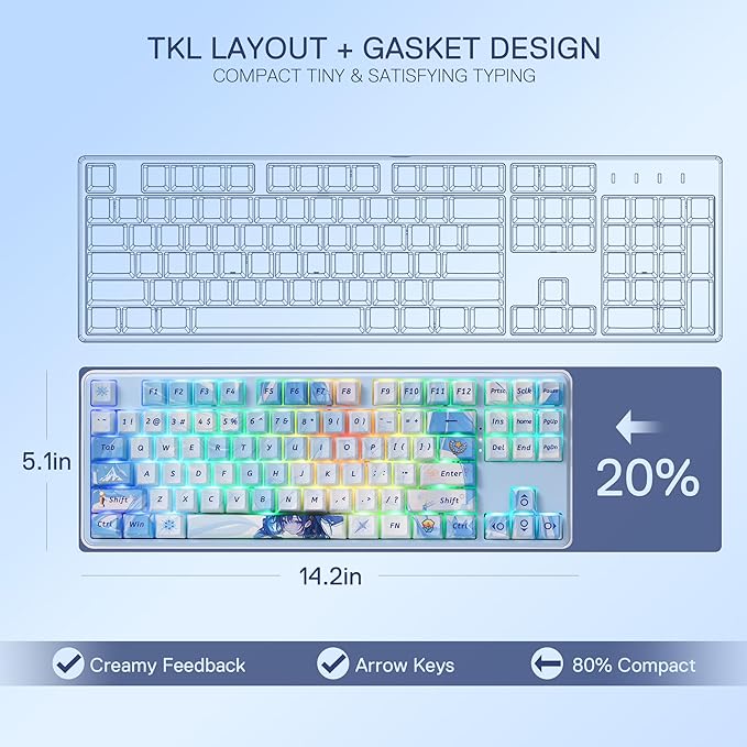 Redragon K707 PRO SE 80% Wireless Gasket RGB Gaming Keyboard 3-Modes 87 Keys TKL Anime Mechanical Keyboard w/Hot-Swap Socket Dye-Sub PBT Keycaps &amp 5-Layer Noise Dampening Custom Linear Switch