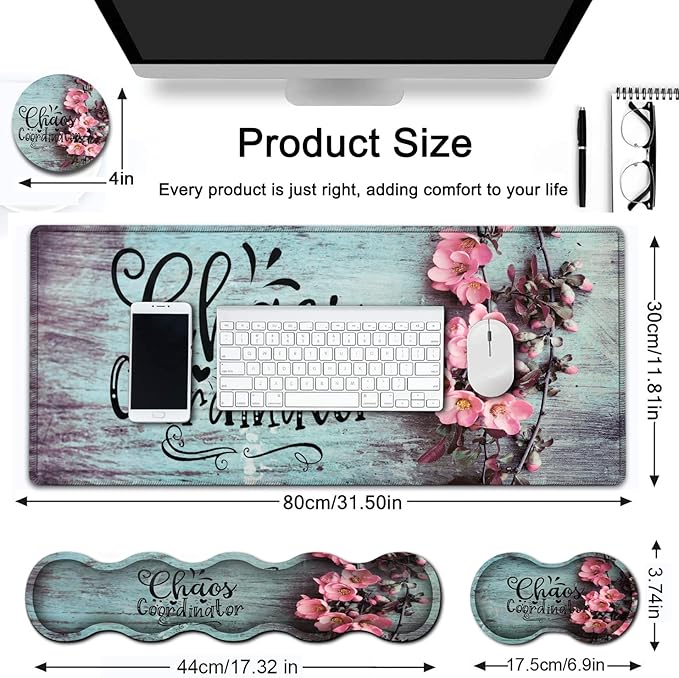 Ergonomics Keyboard Mouse Pad Set Memory Foam Keyboard Wrist Rest SupportXXL Extended Big Wireless Gaming Mouse Mat 31.5x11.8 in Desk Pad Pink Peach Blossom Pattern Large Mouse Pad