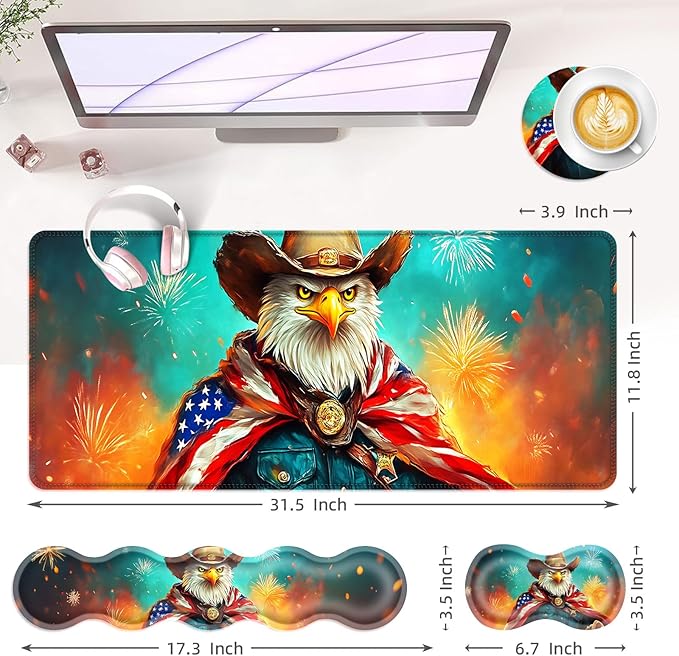 Large Keyboard Mouse Pad Set Extended Mouse Pad+Keyboard Wrist Rest Support Memory Foam Ergonomic Easy Typing 4Pcs (31.5×11.8 in) Desk Pad Set for Office HomeAmerican Flag Eagle