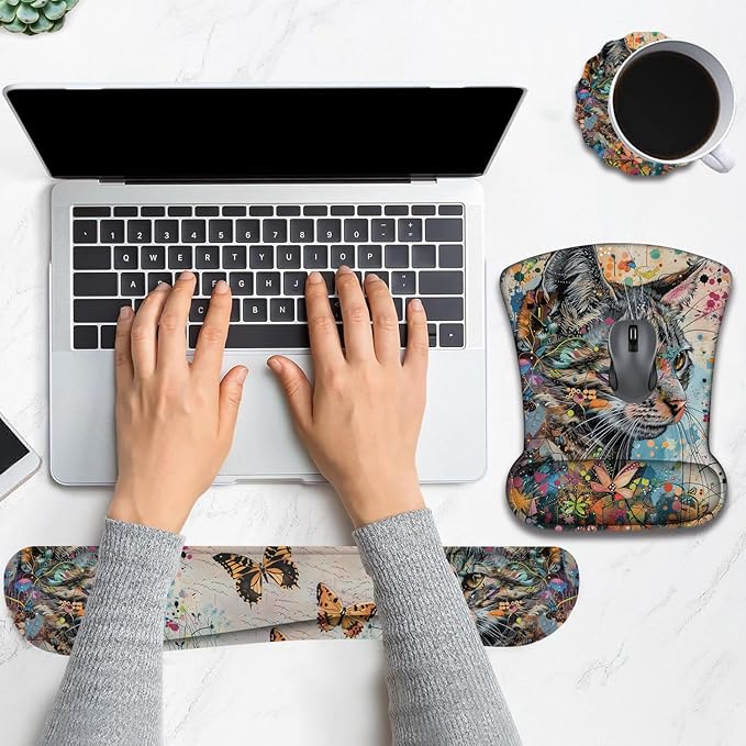 Keyboard Wrist Rest and Mouse Pad Wrist Support with Lace-Shaped Coaster Set Ergonomic Gel Memory Foam and Anti-Slip Base Easy Typing and Pain Relief - Kitty
