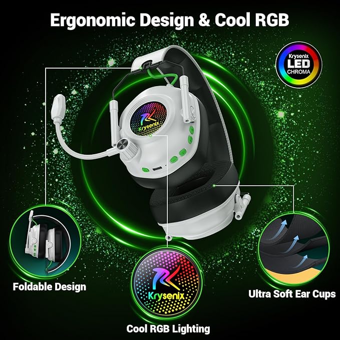 2.4 GHz Wireless Gaming Headset for PC PS5 PS4 Switch Mac Bluetooth 5.4 Gaming Headphones with Noise Canceling Microphone Cool RGB Lighting 50Hr Battery Foldable 50mm Drivers-White