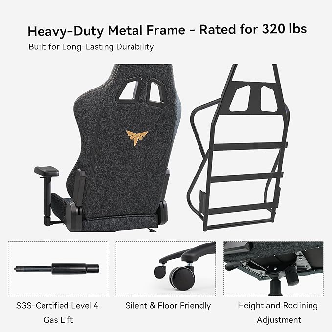 Gaming Chair 4D Adjustable Armrests - 170° Reclining &amp 320lb Capacity High Back Ergonomic Computer Chair with Lumbar Support Fabric Office Chair for Adults (Black)