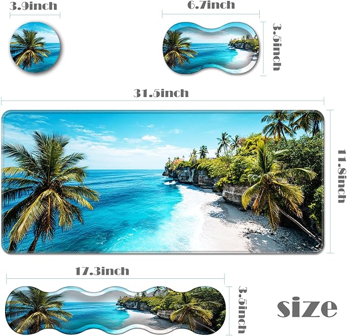 Ergonomic Keyboard Wrist Rest &amp Mouse Pad Wrist Rest SetXL Gaming Desk Mat 31.5x 11.8Non-Slip BaseMemory FoamEasy Typing Pain Relief for Office &amp HomeTropical Beach Palm Trees