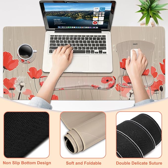 MEGREZ 4-in-1 Ergonomic Memory Foam Wrist Rest Set Desk Pad Mouse Pad with Wrist Rest Keyboard Pad Suitable for Office Workers Programmers &amp Gamers–Relieve Typing &amp Gaming Fatigue Light