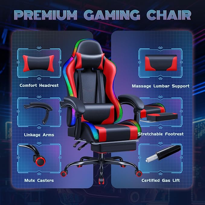 Furmax Gaming Chair with RGB LED Lights Video Game Chair with Footrest and Massage Lumbar Support High Back Reclining Computer Chair with Headrest Swivel Seat Gamer Chair (LED Red)