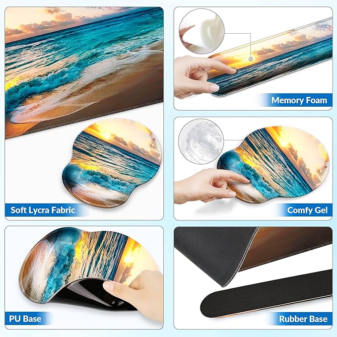 Desk Mat Set + Keyboard and Mouse Pad with Wrist Rest Support4-in-1 Large Mousepad Computer Mats for Desktop Home &amp Office-Sunset Sea