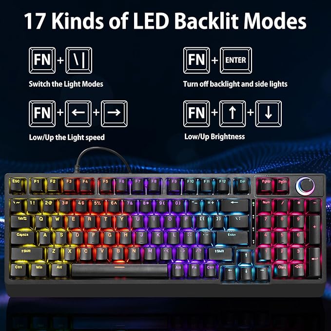 HUO JI Mechanical Gaming Keyboard Wired 17 LED Backlit Modes Liner Red Switch Volume Knob Anti-Ghosting Double-Shot Shine Through Keycaps 96% Light Up Keyboard for PC Mac