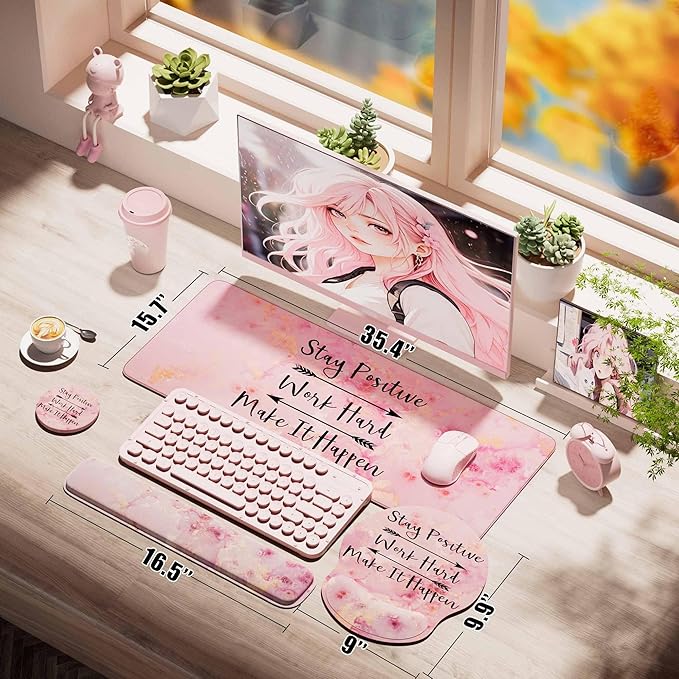 Large Mouse Pad and Keyboard Wrist Rest + Desk Mat SetFull Long Mouse Pads for Desk Accessories with Memory Foam Gel Pink Mousepad for Women Computer Desktop Office Work-Pink &amp Black Slogan