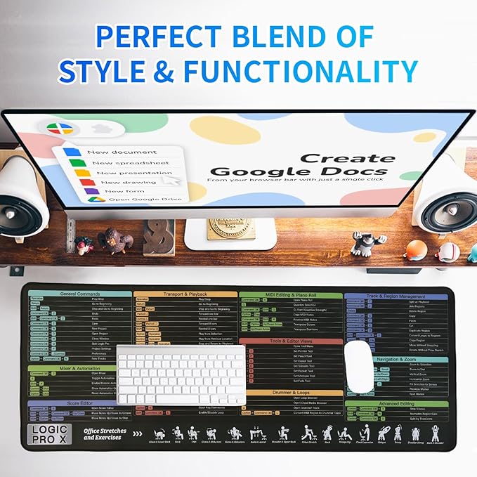 Logic Pro X Shortcuts Mouse pad Extra Large Keyboard Shortcut Desk Pad Large Gaming Desk Mat Mousepad Stitched Edges Non-Slip Rubber Base Mouse Pads for Computers Laptop