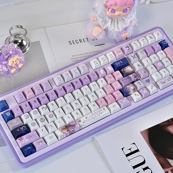 PBT Custom Keycaps 130 Keys Japanese Anime Purple Keycaps Cherry Profile Dye Sublimation Keycap Manga Style Key Cap Set for 60% 65% 75% TKL 100% Mechanical Keyboard