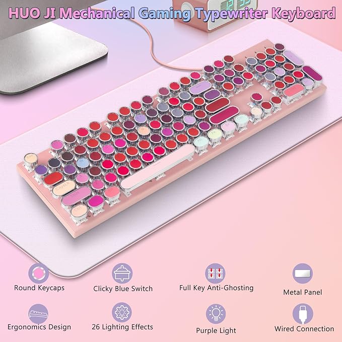 HUO JI Mechanical Gaming Keyboard Typewriter Style with RGB Side Lit and Purple LED Backlit Retro Style Blue Switches - Clicky Metal Panel Lipstick 104 Keys USB Wired for Mac PC Cute Pink