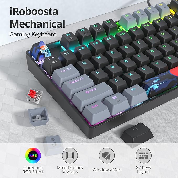 75% Mechanical Gaming Keyboard with Red Switch RGB LED Backlit Keyboard Black 87 Keys Compact TKL Wired Computer Keyboard for Windows Laptop PC Gamer (87 Dark)