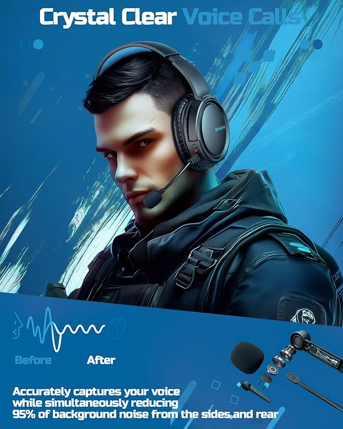 BINNUNE Wireless Gaming Headset — 2.4GHz Low-Latency USB Dongle + Bluetooth 50mm Drivers 7.1 Surround Noise-Cancelling Mic 40H Battery — Over Ear Wireless Headphones for PS5 PC Laptop Blue