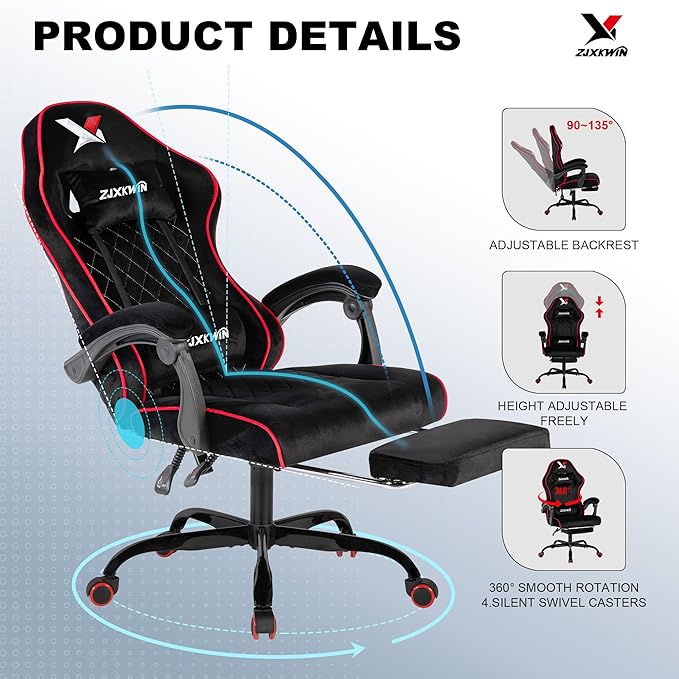 Gaming Chair with Footrest Ergonomic Computer Chair with Headrest &amp Lumbar Support Skin-Friendly Velvet Adjustable Height &amp Backrest Linked Armrest for Gamer Home Adults Office RestRed