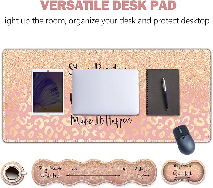 Extended Gaming Mouse Pad Keyboard Wrist Rest Pad Wrist Support Mousepad Set Artso Large Rubber Base Stitched Edges Desk Pad (35 x15.5 in) for Work Game Office Home Pink Orange Stay Positive