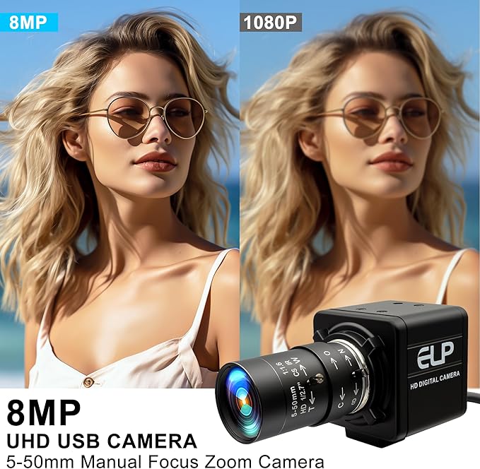 MMlove 8MP USB Camera High Speed 30fps 5-50mm 10X Optical Zoom Lens 2448P USB Webcam Manual Close up Zoom in and Out Golf Swing Camera for Industrial Machine Vision Support PC Raspberry Pi