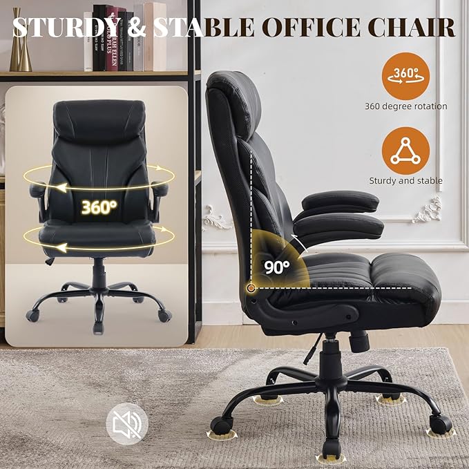 Office ChairBig and Tall Office Chairs 500LBS Wide Ergonomic Gaming Chair Executive Leather Computer Chairs with Adjustable Height &amp 360° Swivel Rolling Wheels for WorkBlack