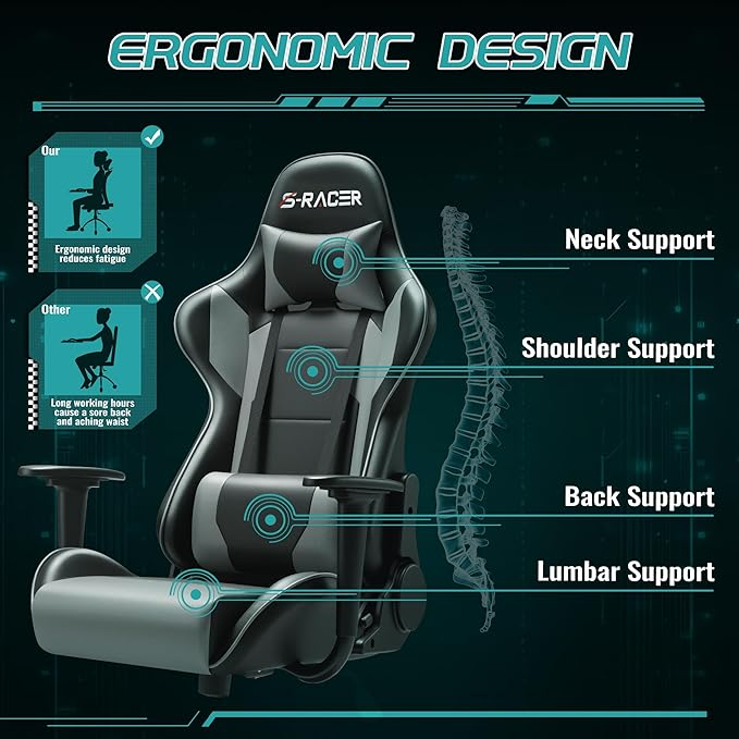 Furniwell Gaming Chair Racing Computer Chair Office Desk Chair Adjustable Swivel High Back Carbon Fiber Style Leather Executive Ergonomic Chair with Headrest and Lumbar Support (Grey)