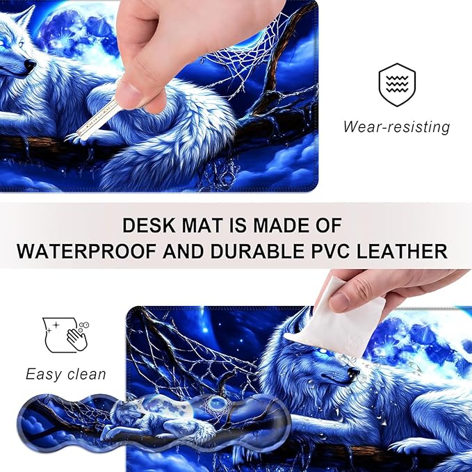 Mouse PadLarge Desk Mat Set 4in1 XL Mousepad + Keyboard Wrist Rest+Mouse Wrist Rest+Coaster with Ergonomic Desk Pad for Home Office Table Computer Cover -Wolf Moon Dreamcatcher