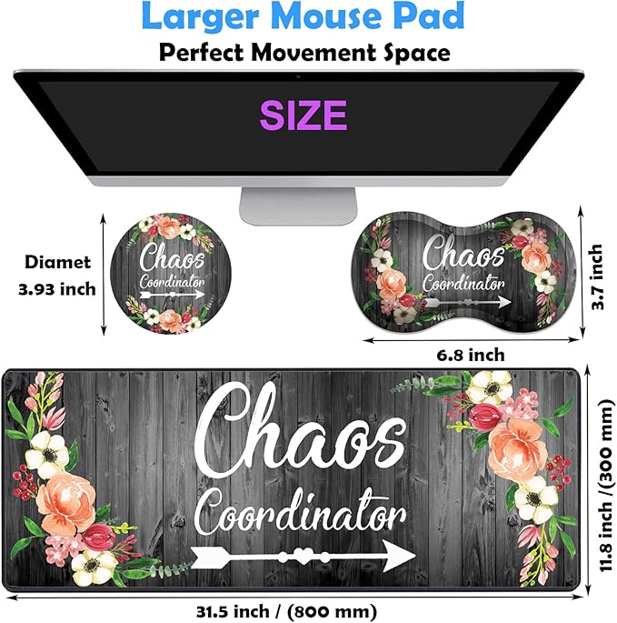3 Piece Mouse Pad Set with Stitched Edge Large Anti-Slip Mouse Pad Desk Pad Keyboard Pad + Wrist Rest Pad + Coaster Memory Foam Wrist Rest for Office/Home - Chaos Coordinator