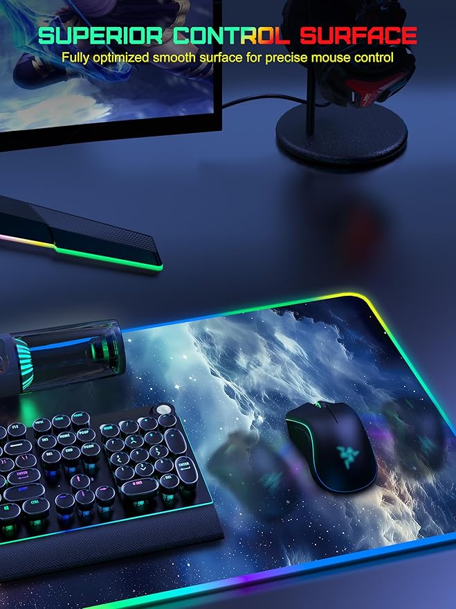 Wireless Charging Mouse Pad RGB Gaming Mousepad Home Office Desk Pad 31.5” x 15.8” XXL Large Desk Mat Waterproof Keyboard Pad Blue Nebula(Includes 20W PD Power Adapter &amp 6.56ft Woven Cable)