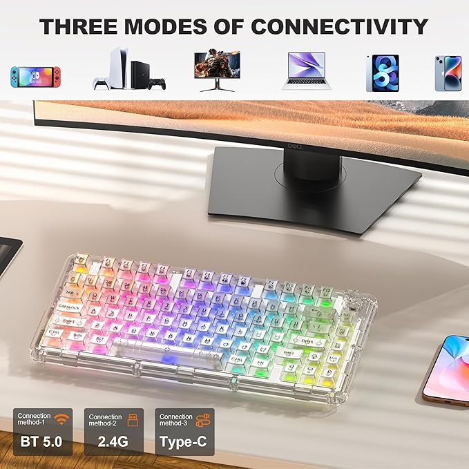 Transparent Mechanical Keyboard RGB Backlit Wireless Creamy Gaming Keyboards Hot Swap Customizable Clear Acrylic Design 80-Key Quiet Linear Switches 3 Modes BT5.0/2.4G/USB-C 4000mAh Battery White