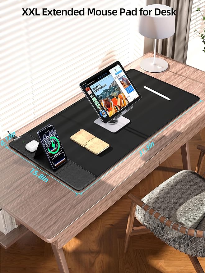Mouse Pad with Magnetic Wireless Charging &amp Adjustable Phone Stand 31.5x15.8 Extended Desk Mat Waterproof Ultra-Smooth Keyboard Pad Non-Slip Base with 20W PD Adapter Black