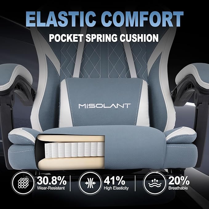 Misolant Gaming Chair Fabric Gamer Chair with footrest for Adults High Back Ergonomic Computer Game Chair with Adjustable Headrest and Massage Lumbar Support 90-155° Recline Free Blue