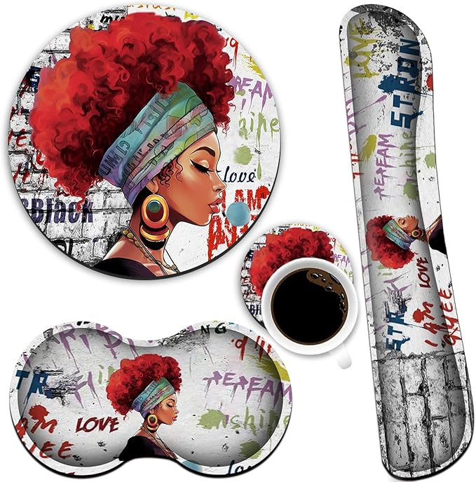 Keyboard Wrist Rest +White Mouse Pad + Mouse Wrist Rest Support Set+ Coaster Ergonomic Memory Foam4Pcs Keyboard Mouse Pad Set for Computer Home &amp Office African Woman Graffiti Girls