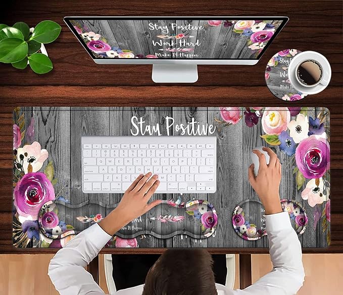 Office Desk PadLarge Mouse PadLaptop Desk Table Protector Writing Mat Ergonomic Extended Black Mouse Pad Memory Foam Keyboard Wrist Rest Support Set Inspirational Work Hard and Flowers Desk Mat