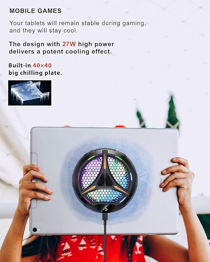 iPad CoolerMagnetic Tablet Cooler for ipad/Surface pro/Samsung Tab/Steam DeckIpad Cooling Fan with Temperature Monitor LED Gaming Light for Mobile GamingTiktok Live Streaming Black
