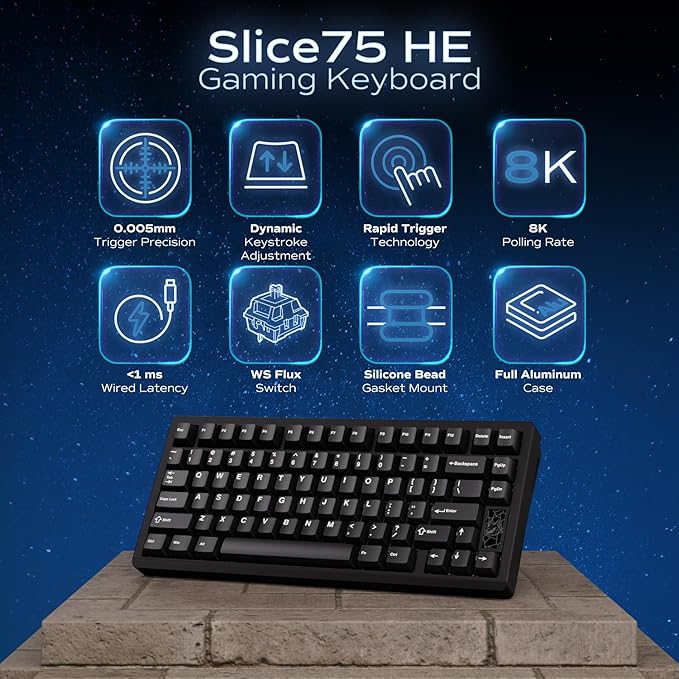 Mechanical Keyboard Chilkey Slice75 HE Gaming Keyboard Wired 75% Hall Effect Magnetic Aluminum Keyboard with WS Flux HE Clacky Switch Rapid Trigger 8K Polling Per-Key RGB Custom PC/Mac Support