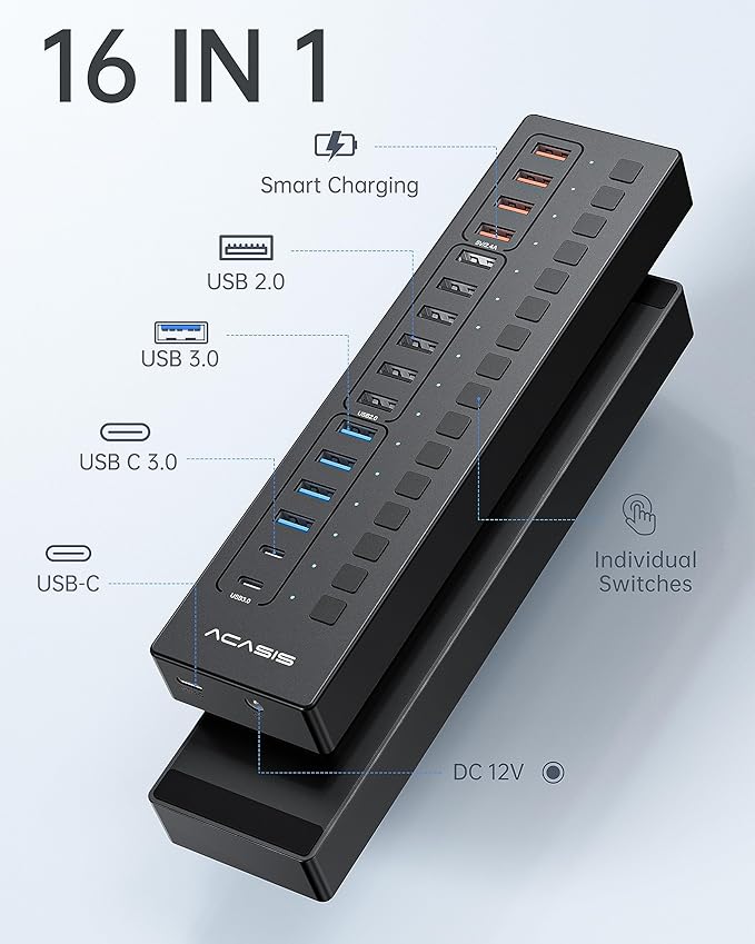 Powered USB 3.0 Hub ACASIS 16 Port USB Hub Powered(Include 2*USB C 3.0+4 Smart Charging Port) with 60W Power Adapter Support Wall Mount USB Hub for PC Laptop Mac Printer Camera