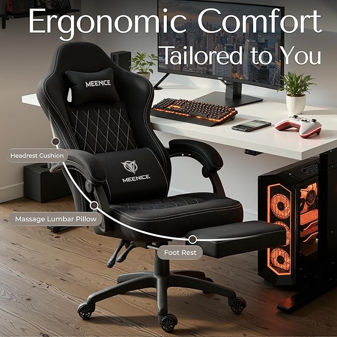 Gaming Chair Fabric with Pocket Spring Custion Ergonomic High Back Video Game Chair with Footrest Massage Lumbar Support Height Adjustable Comfy Computer Chair for Adults Game Office Onyx