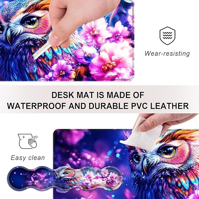 Mouse PadLarge Desk Mat Set 4in1 XL Mousepad + Keyboard Wrist Rest+Mouse Wrist Rest+Coaster with Ergonomic Desk Pad for Home Office Table Computer Cover -Owl Flowers Dragonflies