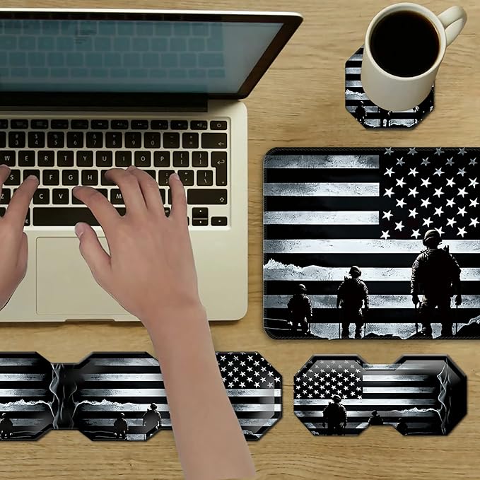 Mouse Pad Keyboard Wrist Rest Wrist Support Combo+Coaster [4-in-1] American Flag Theme Easy Typing Pain Relief Memory Foam Gel Elbow Cushion Mouse pad Set for Computer Laptop Office Home