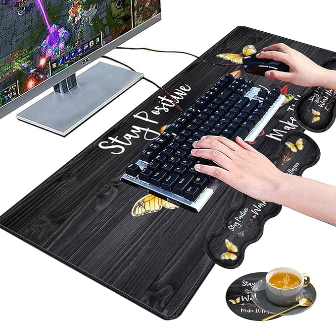 Large Gaming Mouse Pad Keyboard Wrist Rest pad + Mouse Wrist pad + Coaster Set Extended Waterproof Non-Slip Table mat Suitable for Home Office - Stay Positive Work Hard and Make It Happen