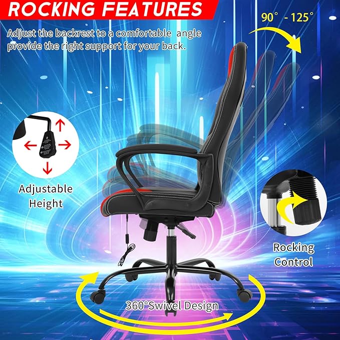 Video Gaming Chair with Massage Function Ergonomic Computer Desk Chairs Home Office Desk Chair with Lumbar Support Adjustable Height Swivel Wheels Red