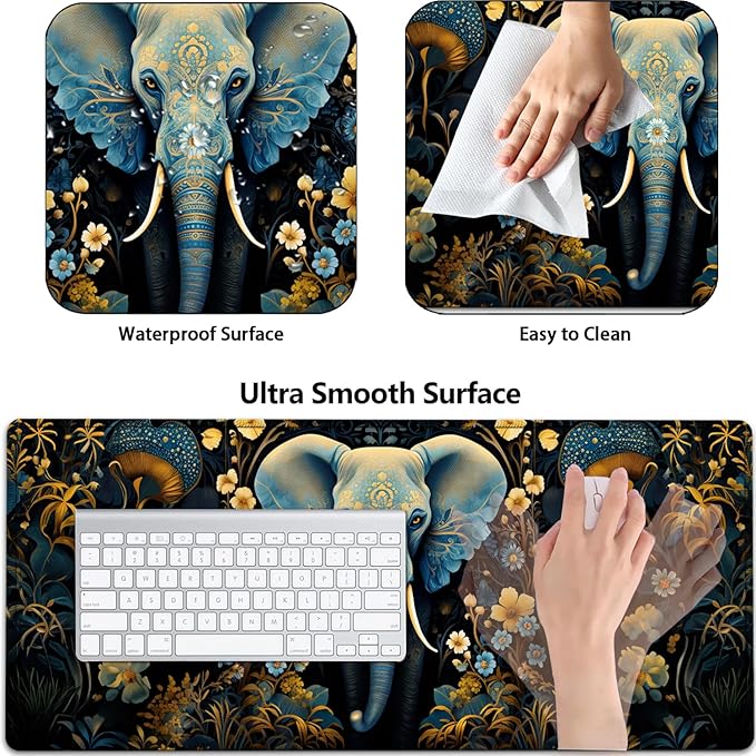 Large Mouse Pad with Mouse Wrist Rest 31.5x11.8 in Extended Mouse Mat with Non-Slip PU Base Ergonomic Memory Foam Wrist Rest for Work &amp Gaming Writing Pad Flowers Ornate Elephant Office Desk P