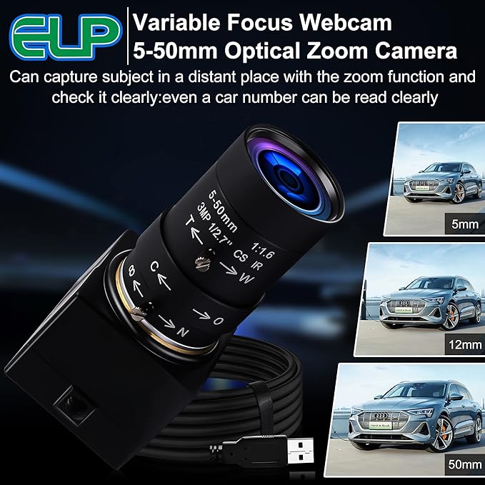 8MP USB Camera Manual Zoom 5-50mm Lens Webcam Variable Focus PC Camera Mini UVC USB2.0 USB with Camera for Computer IMX179 Close-up Camera Varifocal Web Camera with Zoom for Raspberry Pi Laptop