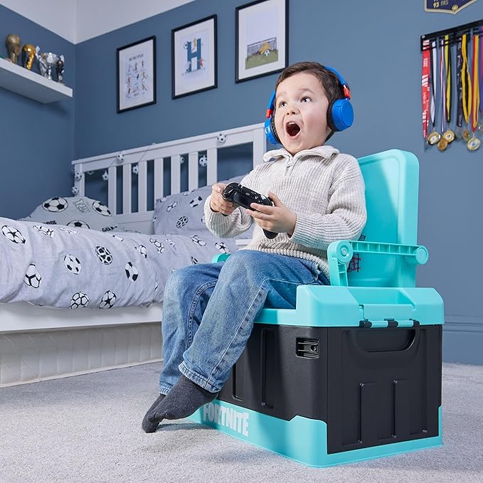Numskull Fortnite 2-in-1 Toy Storage Box &amp Folding Chair - Gaming Accessory Organizer with lid and handles for Family Rooms Official Fortnite Merchandise