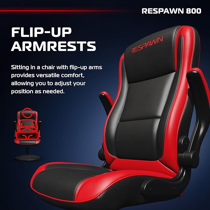 Respawn 800 Swivel Rocker Gaming Chair - Ergonomic Floor Gaming Seat with Lumbar Support Flip Up Armrest High Back Pedestal Base Comfortable No Wheels Console Video Game Rocker Chair - Red