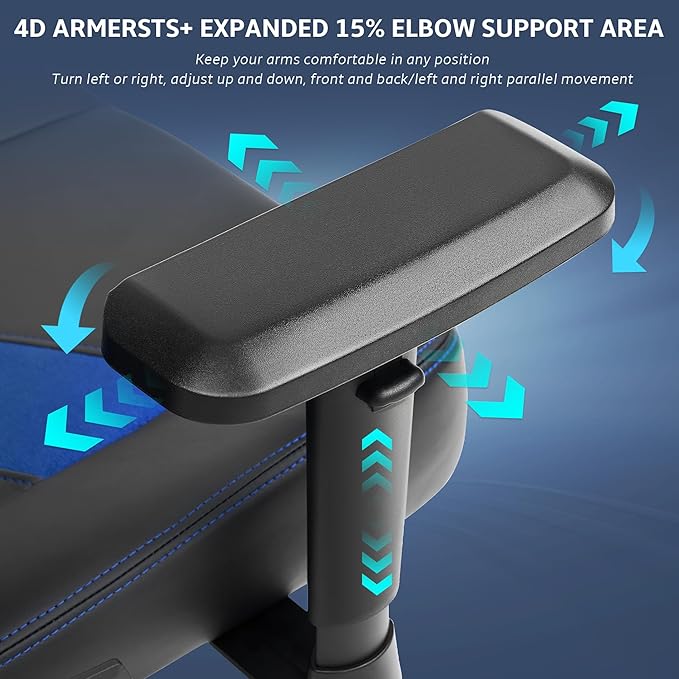 Ergonomic Gaming Chair Computer Desk Chairs 4D Armrests High Back Office Chair with Headrest &amp Lumbar Pillow Tilt Rocker Recliner Heavy-Duty Base Black PU Leather &amp Blue Suede Combo