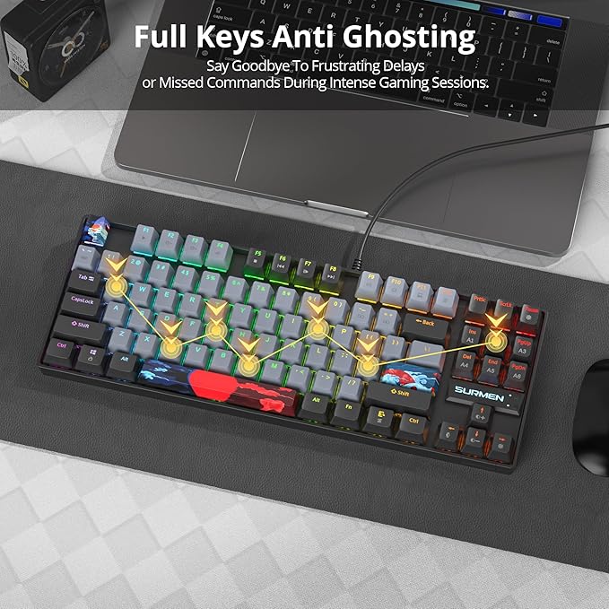 75% Mechanical Gaming Keyboard with Red Switch RGB LED Backlit Keyboard Grey 87 Keys Compact TKL Wired Computer Keyboard for Windows Laptop PC Gamer (87 Dolch)