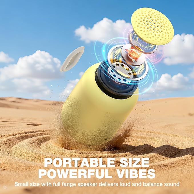 Bobtot Portable Bluetooth Speakers Wireless Waterproof Shower Speaker with 24H Playtime Loud Stereo Sound TWS Built-in Microphone Small Size with Carry Lanyard Yellow