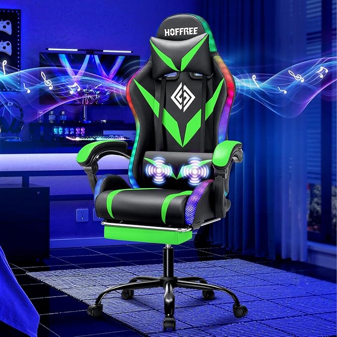 HOFFREE Gaming Chair with Bluetooth Speakers and Led Lights Massage Computer Gamer Chair with Footrest Ergonomic Video Game Chair for Adults Green and Black