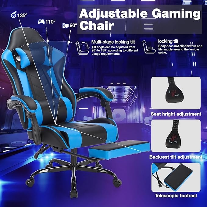 Ergonomic Gaming Chair Racing Style - High Back Gamer Chair with Footrest Adjustable Lumbar Massage Linkage Armrests &amp 90-135° Recline - Leather Computer Game Chair for Adults Black+Blue
